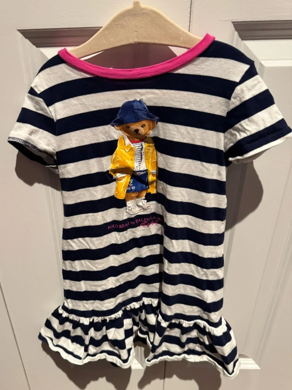 Ralph Lauren POLO Toddler Girls Striped Bear Cotton Jersey Dress Navy White 3T
